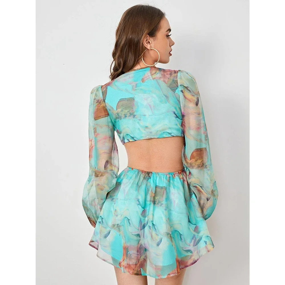 boho Lantern Sleeve Knot Cutout Waist Chiffon Romper - Picture 3 of 11
